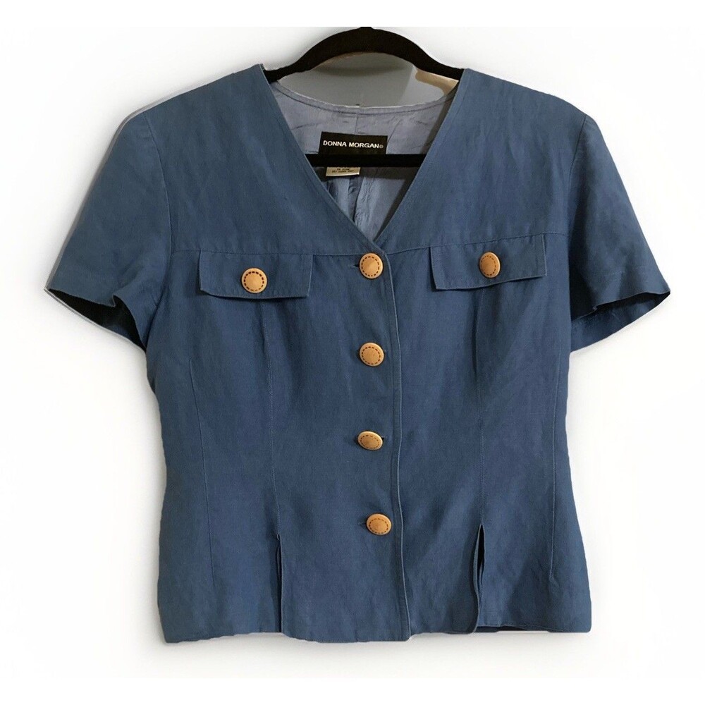 Donna Morgan Womens 10 Cropped Tailored 80s Button Up V-Neck Short Sleeve Top